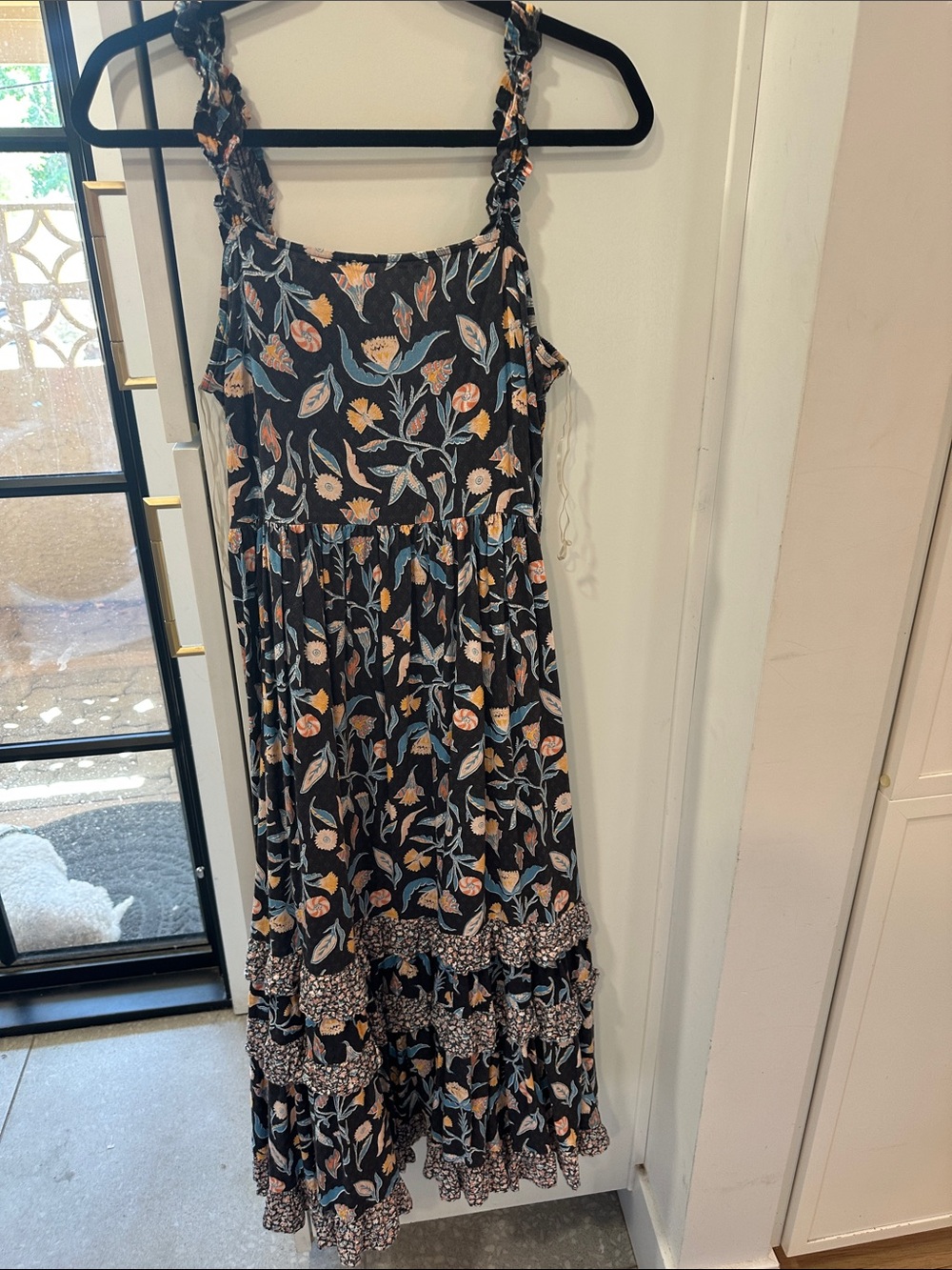 Universal Thread Floral Tiered Maxi Dress - Black with Blue & Peach Floral Print